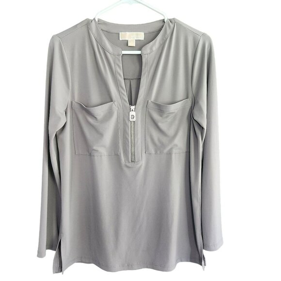 Michael Michael Kors Long Sleeve Gray / Tan Tunic Top W/ Zipper Size M - Picture 1 of 6